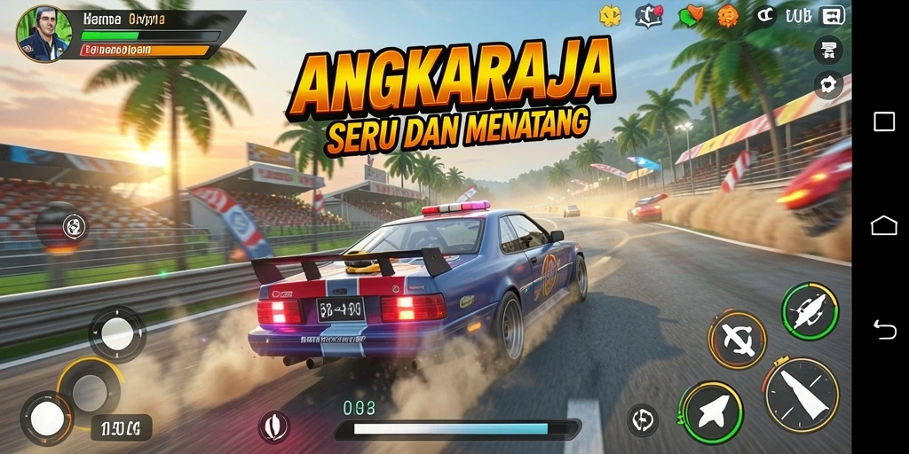 Tampilan gameplay menegangkan dalam ANGKARAJA dengan balapan yang mendebarkan.