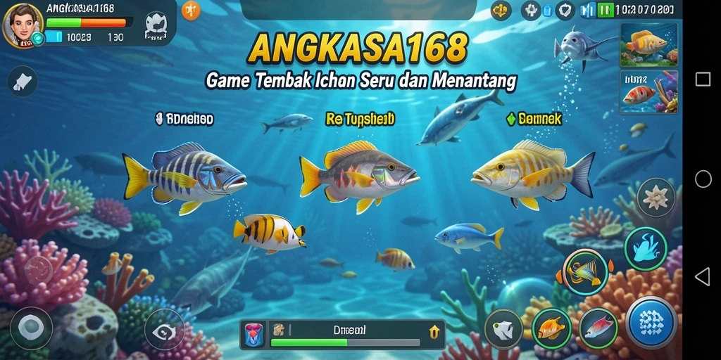 Tampilan gameplay ANGKASA168 dengan berbagai ikan yang menunggu untuk ditembak.