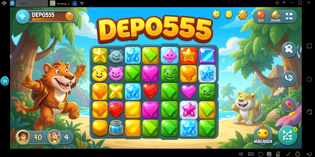 Tampilan permainan DEPO555 dengan permata berwarna-warni di level Match-3.