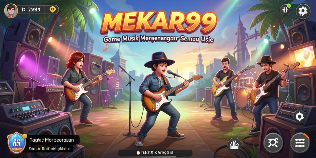 Tampilan gameplay <strong>MEKAR99</strong> dengan antarmuka interaktif dan lagu-lagu menarik.